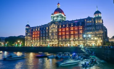 Taj Mahal Palace Hotel at twilight. Iconic Indian luxury hotel in Mumbai, India.