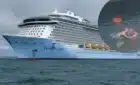 A Royal Caribbean cruise ship overlapped with scenes from a dramatic cruise rescue.