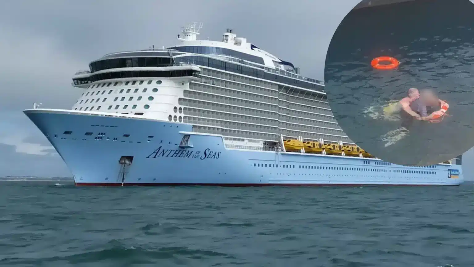 A Royal Caribbean cruise ship overlapped with scenes from a dramatic cruise rescue.