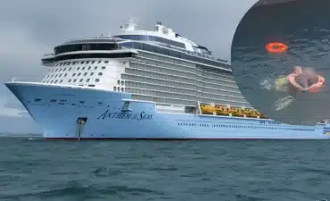 A Royal Caribbean cruise ship overlapped with scenes from a dramatic cruise rescue.