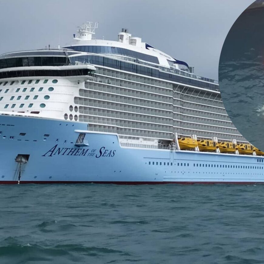 A Royal Caribbean cruise ship overlapped with scenes from a dramatic cruise rescue.