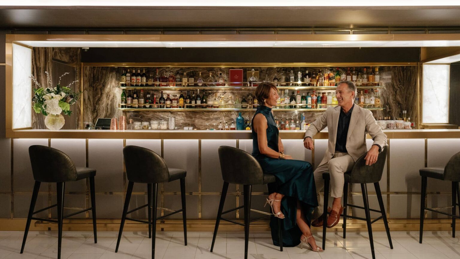 A couple at the Meridian Lounge on Regent Seven Seas