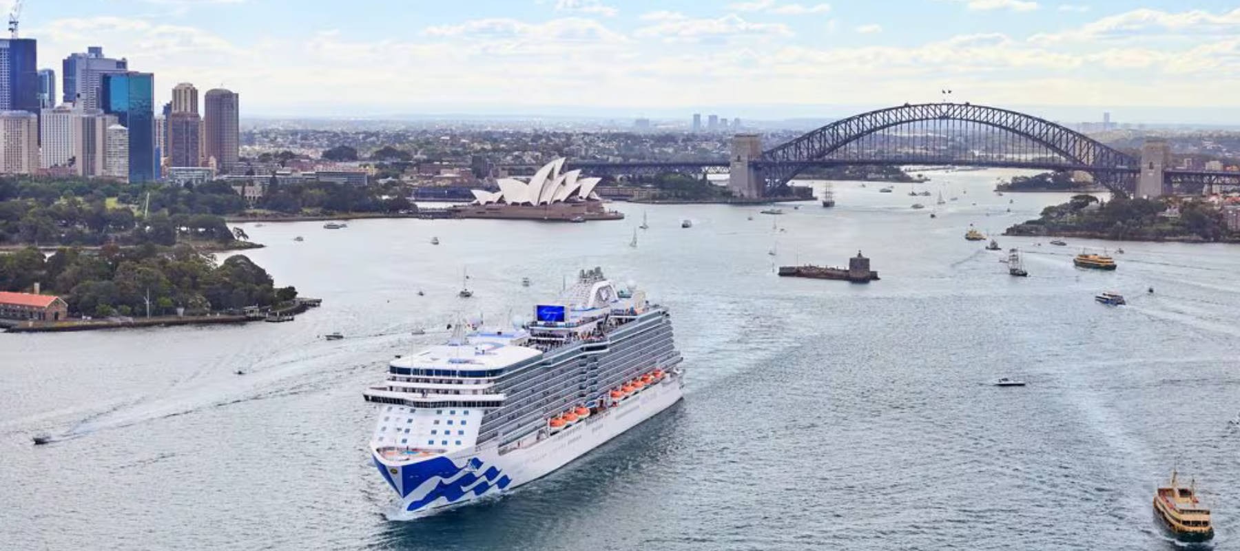Crown Princess cruise ship departing Sydney harbour, away from the harbour bridge and the opera house