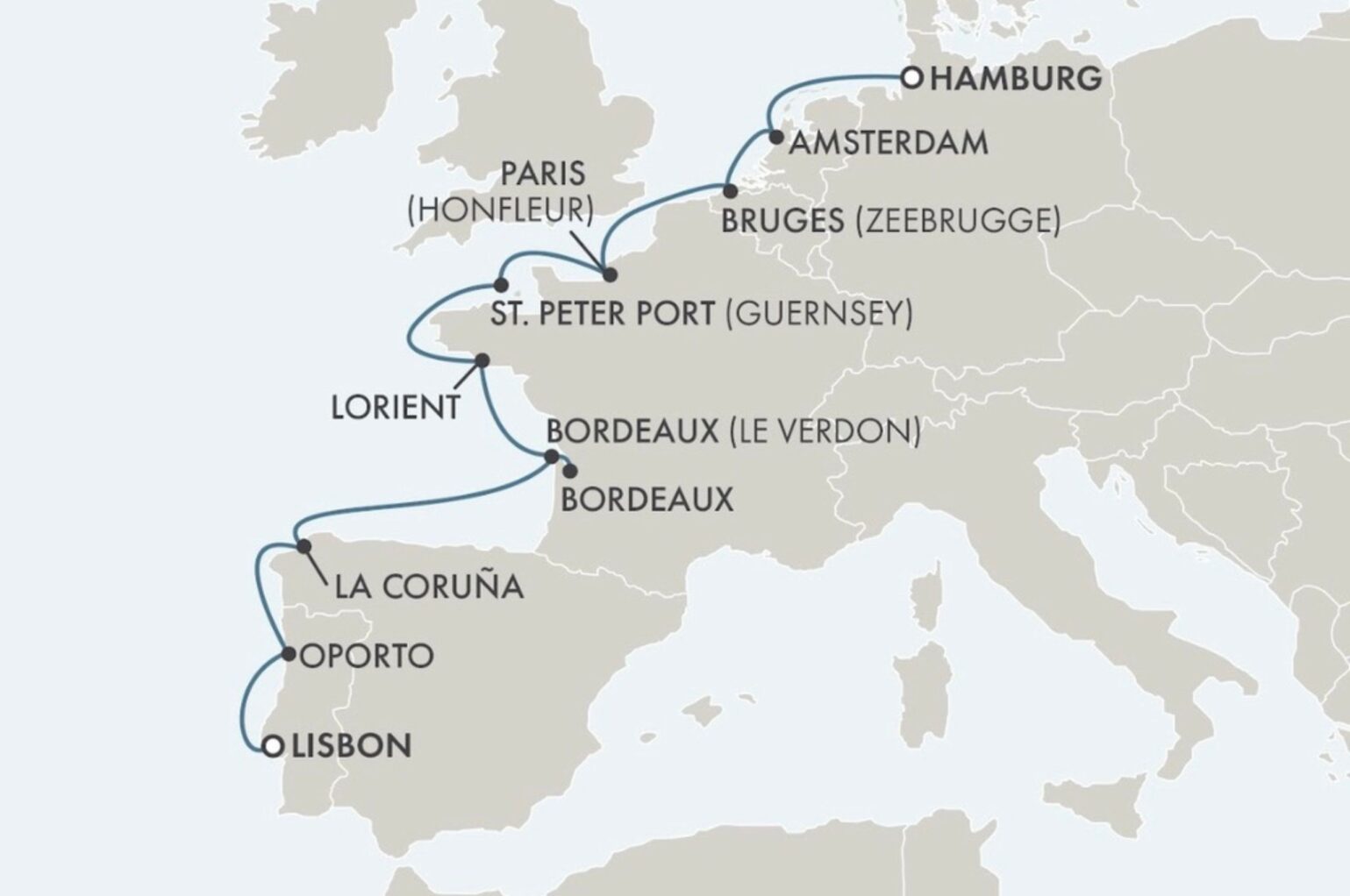 Seven Seas Voyager's Route from Hamburg to Lisbon on a map