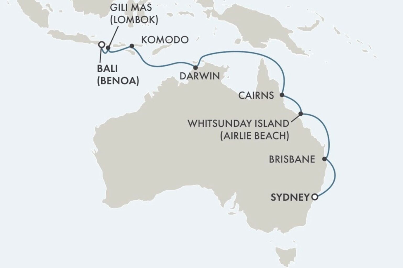 Seven Seas Explorer's route from Bali to Sydney on a map