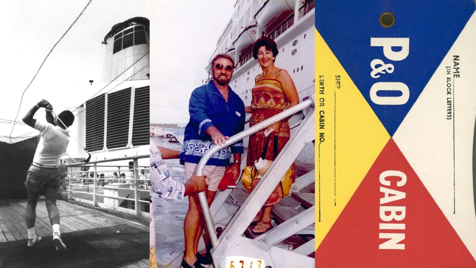 a man playing golf, a couple on a ship and a passenger ticket