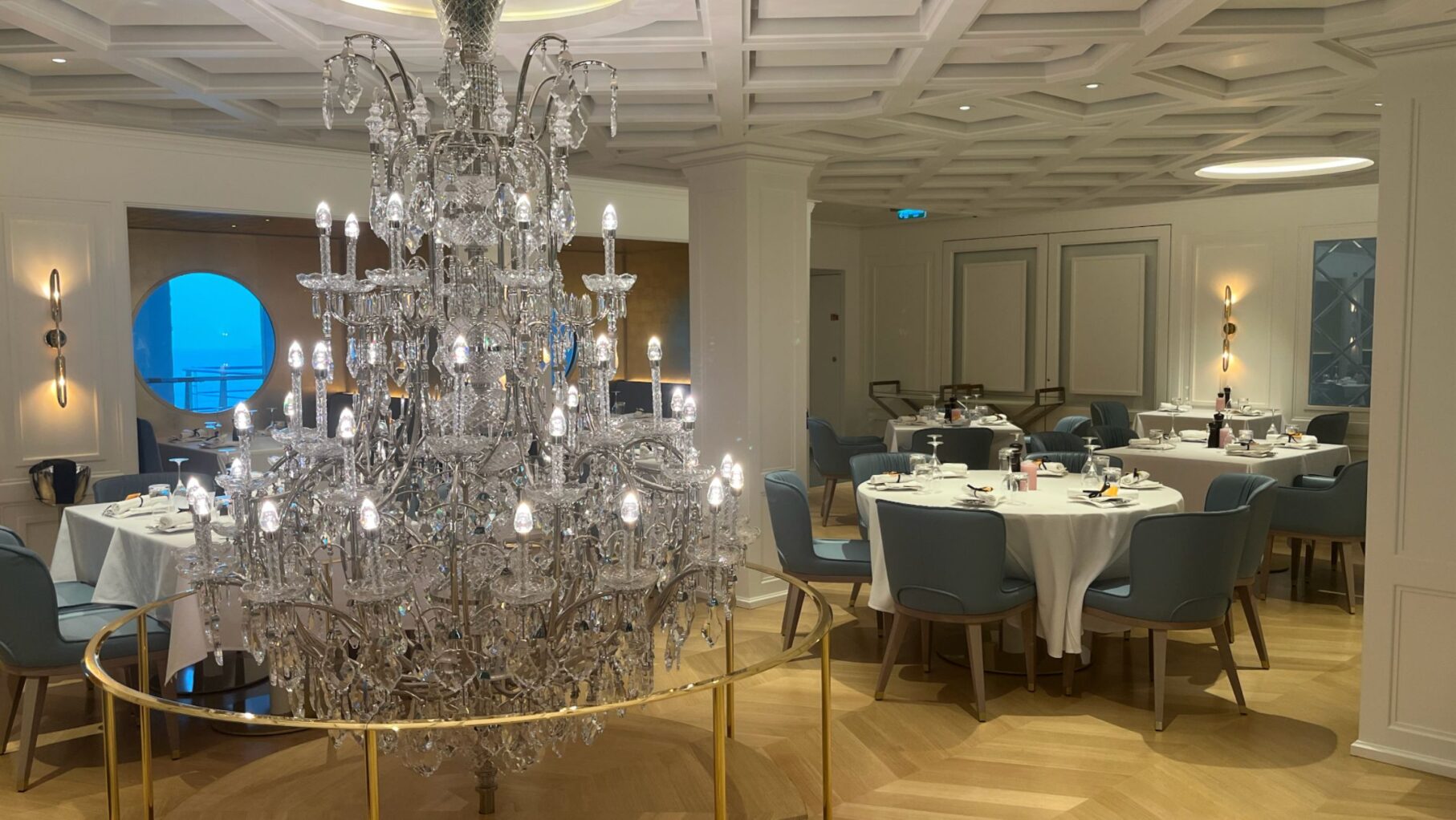 The chandelier inside Le Bistro