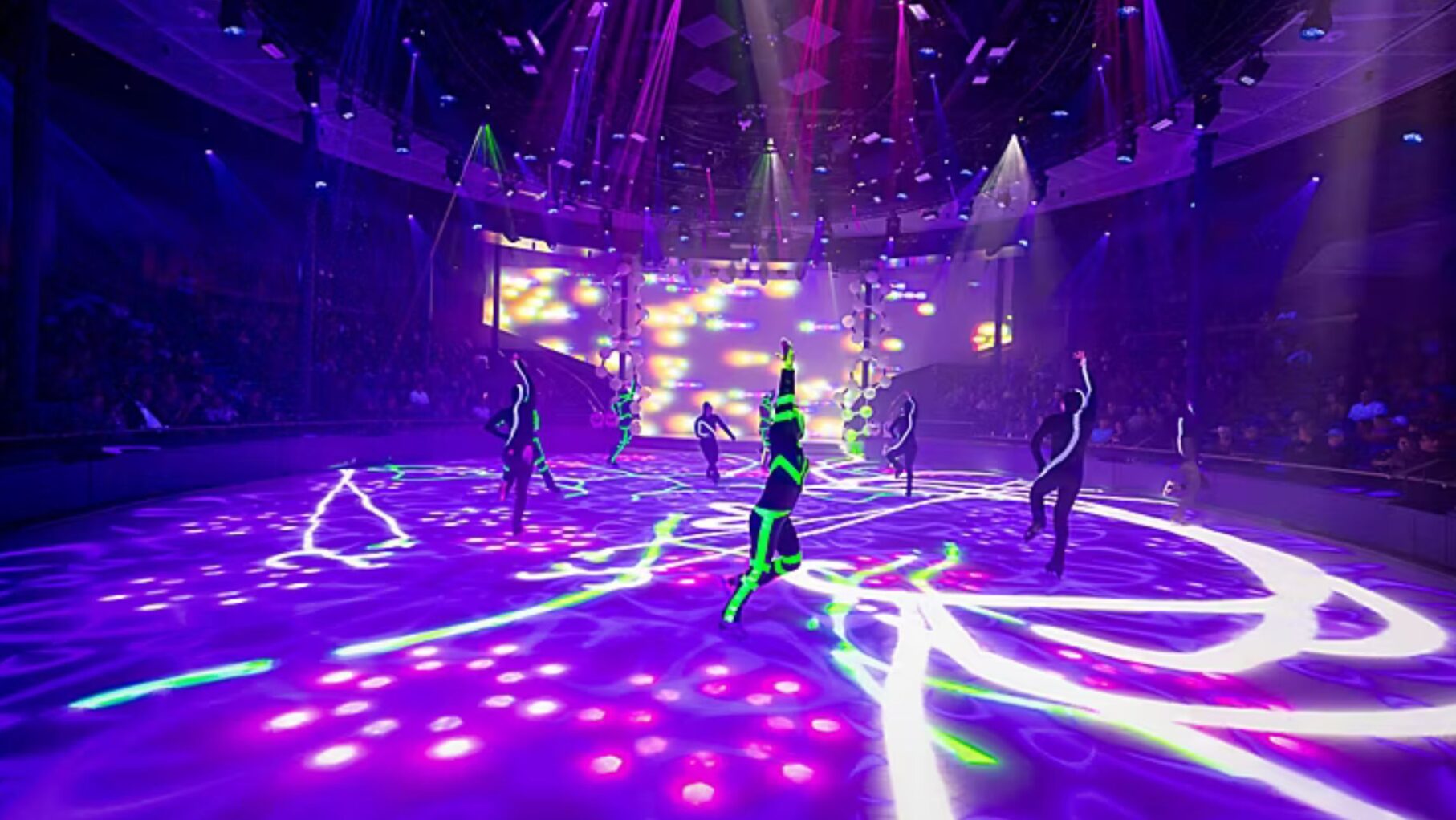 Ice skaters perform on the Absolute Zero Ice Rink MSC World America and Icon of the Seas