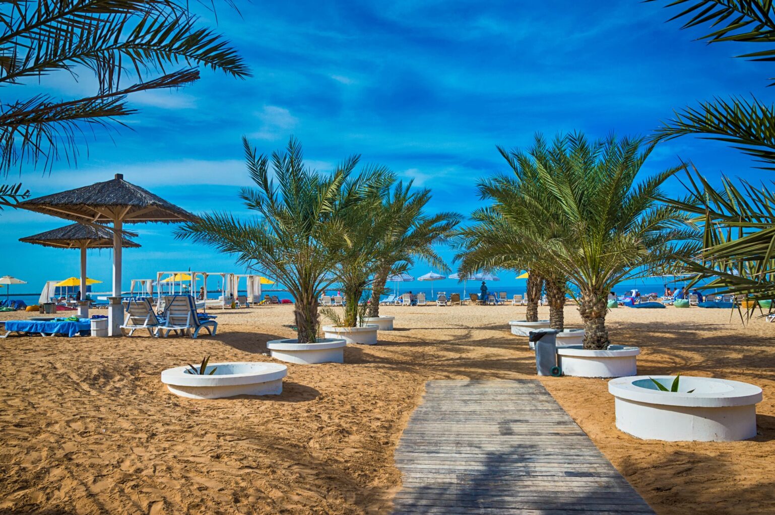 The beach in Ras Al Khaimah with umbrellas and 