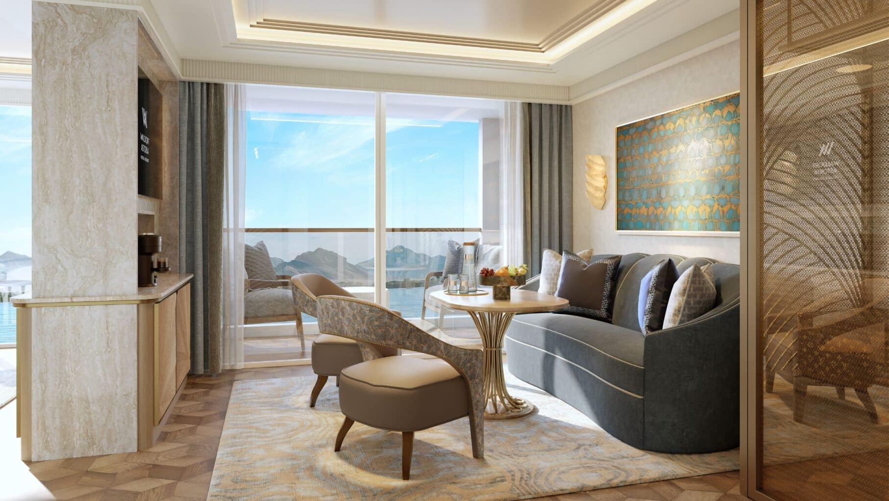 The living room inside a cabin on the Waldorf Astoria