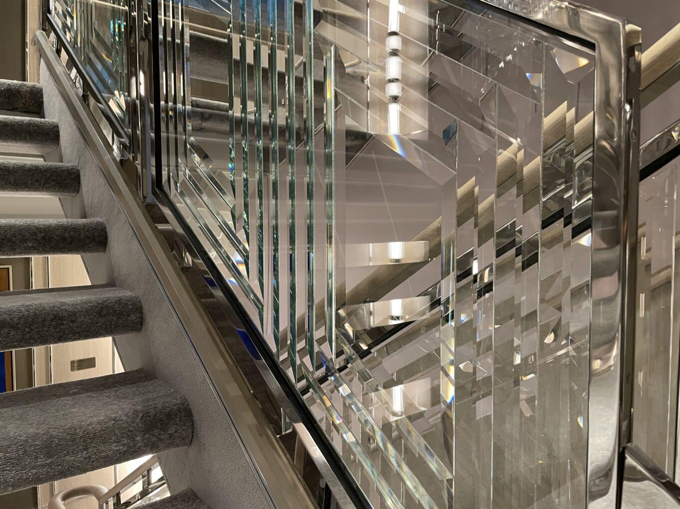 Staircases are adorned with beautiful cut glass