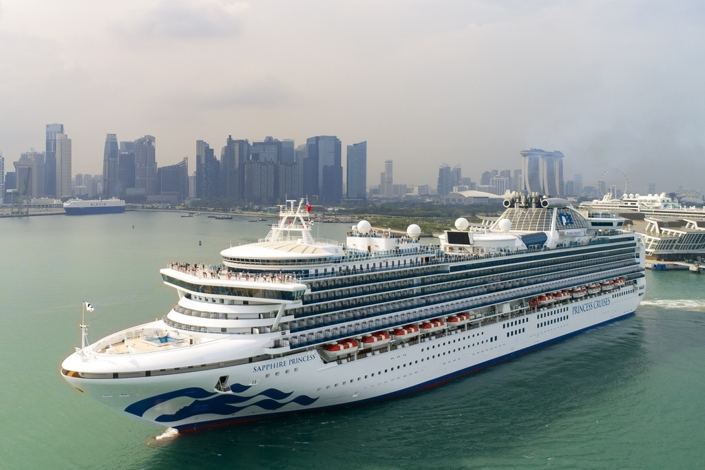 Cruise ship near Singapore skyline.