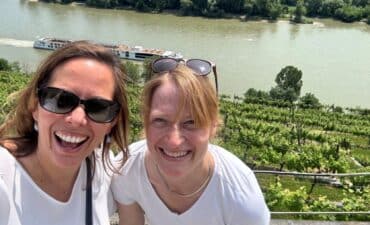 Barbara on the Wachau Valley together with my colleague from Contracting and in the back the Uniworld's SS Maria Theresa