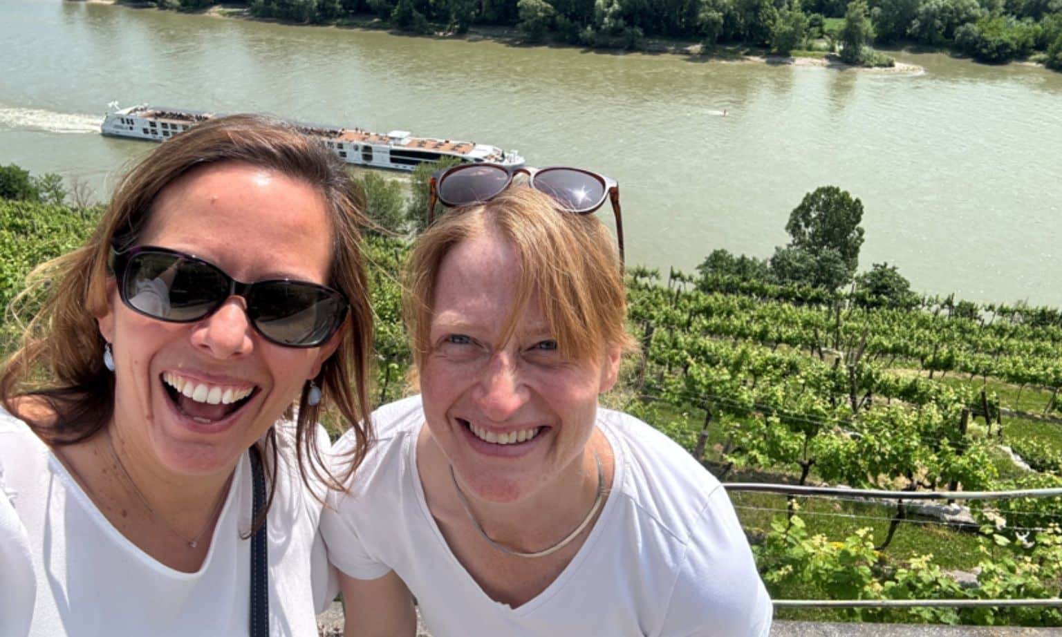 Barbara on the Wachau Valley together with my colleague from Contracting and in the back the Uniworld's SS Maria Theresa