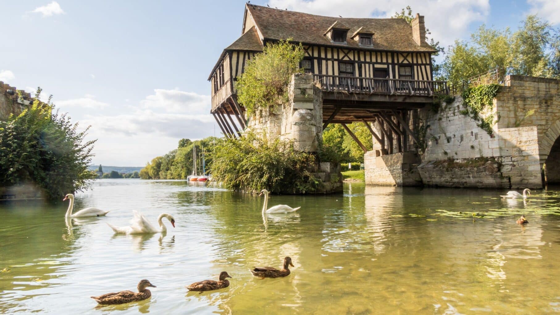 Swans and ducks swimming in front of the beautiful old mill on the broken bridge over Seine river in Vernon, Normandy, France