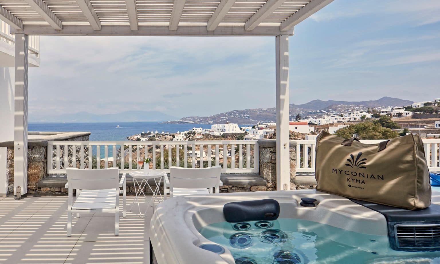 Enjoy a hot tub with a view at The Kyma Hotel.
