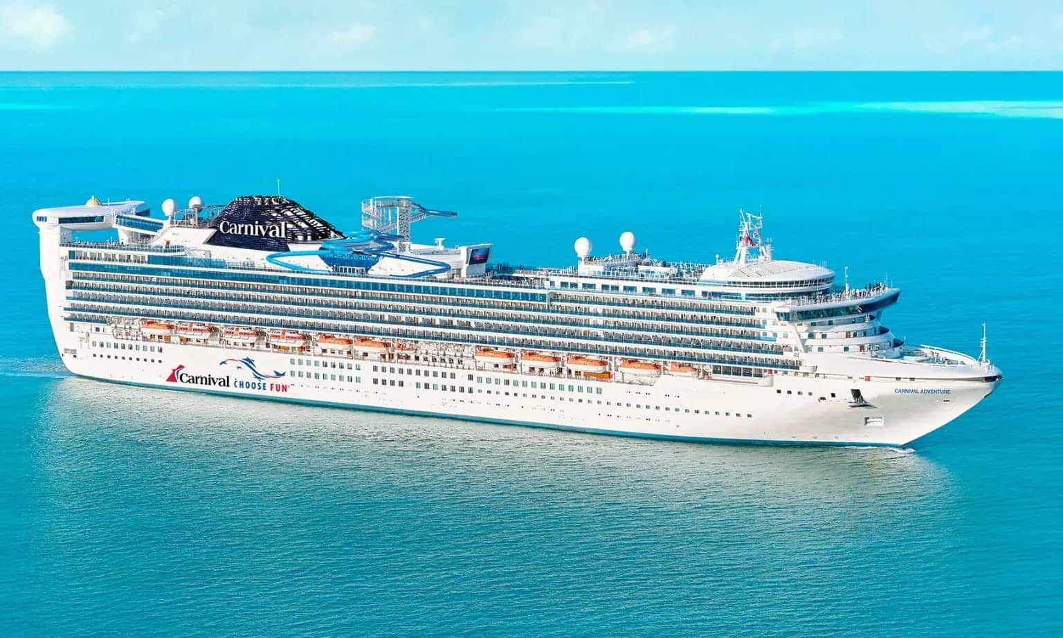 Carnival Adventure ship out to see taken from a bird's eye view from the air.