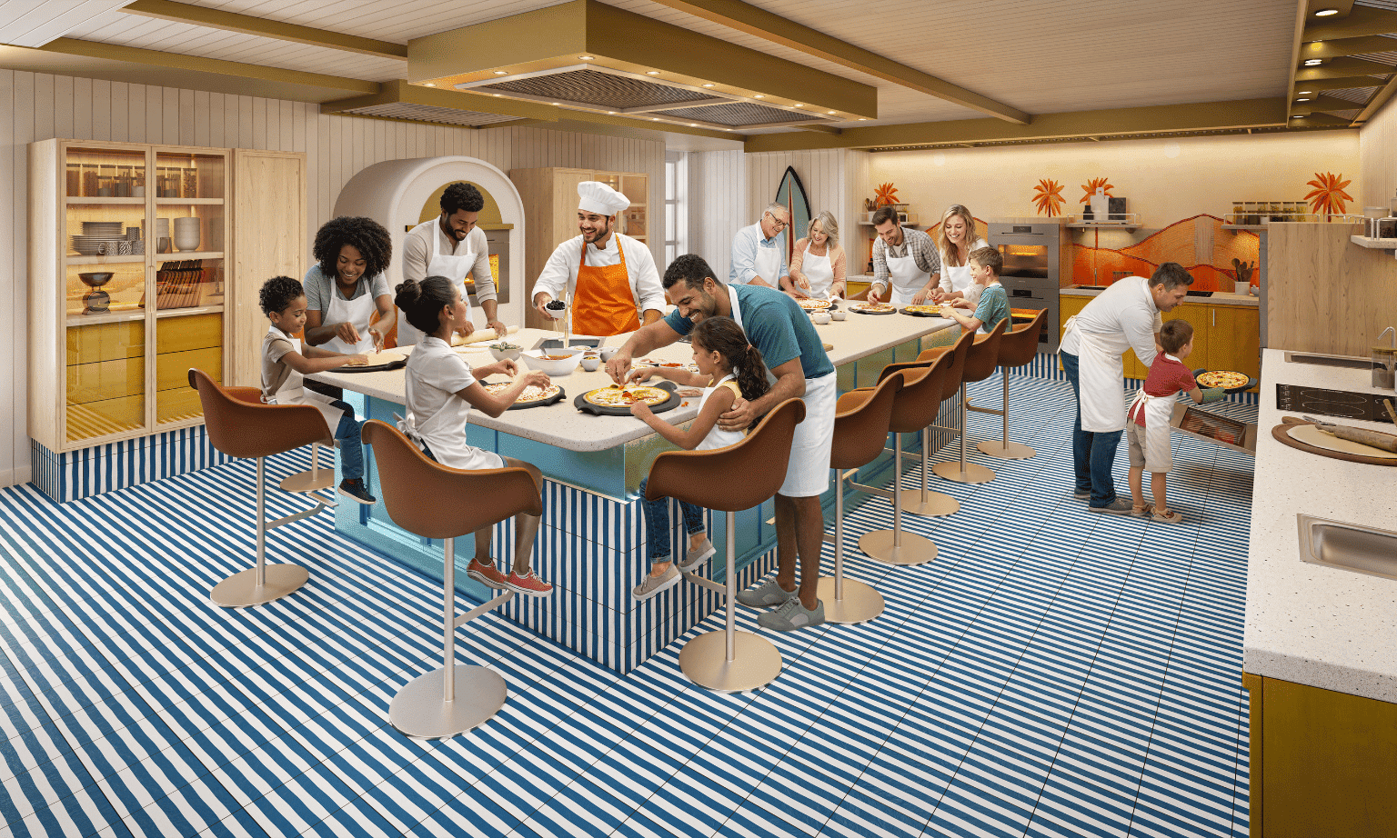 An artist's impression of a group of children at a cooking class with adults on Hero of the Seas Royal Caribbean