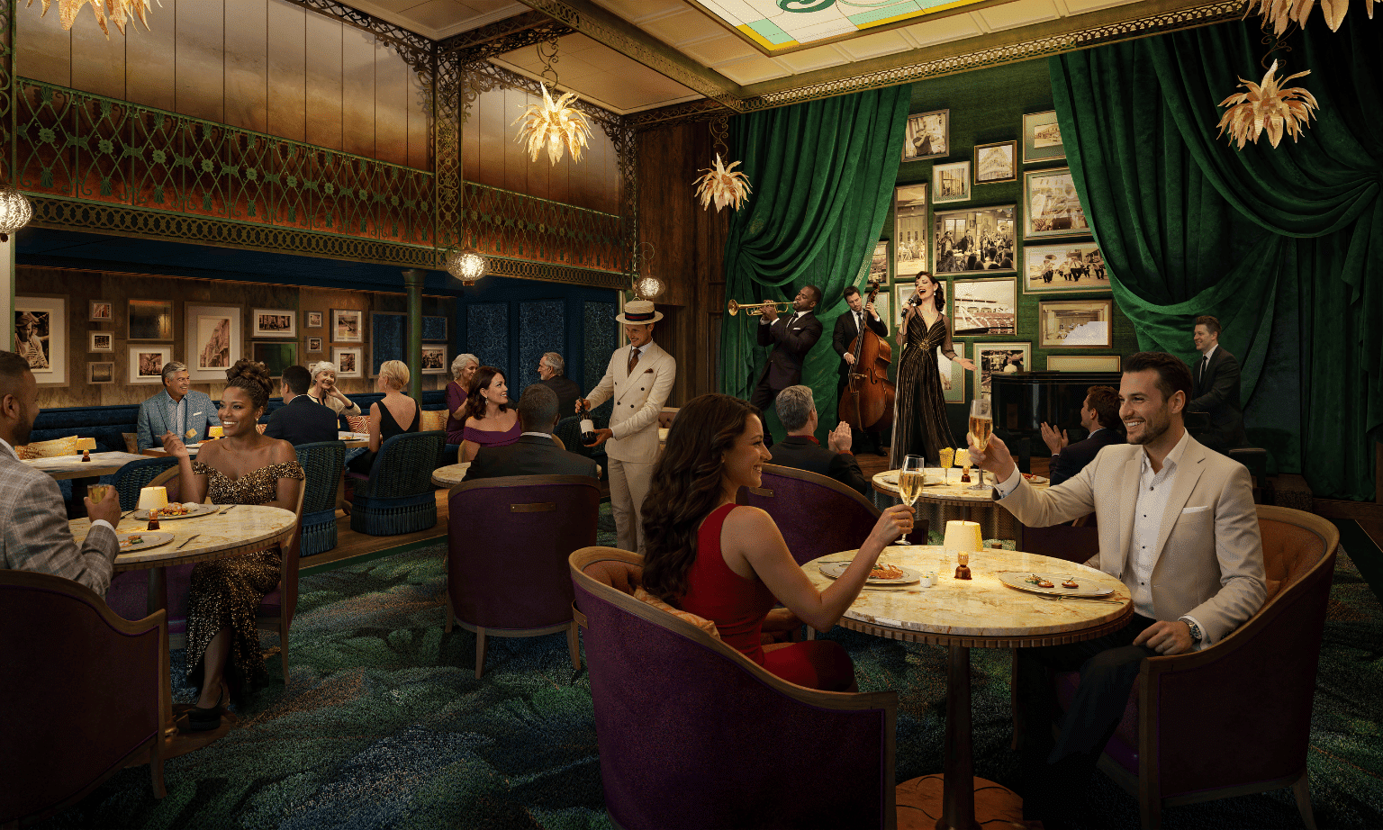 A room full of diners in a darkly lit jazz bar on a cruise ship