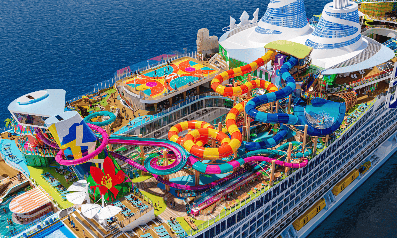 Several multicoloured water slides on a cruise ship