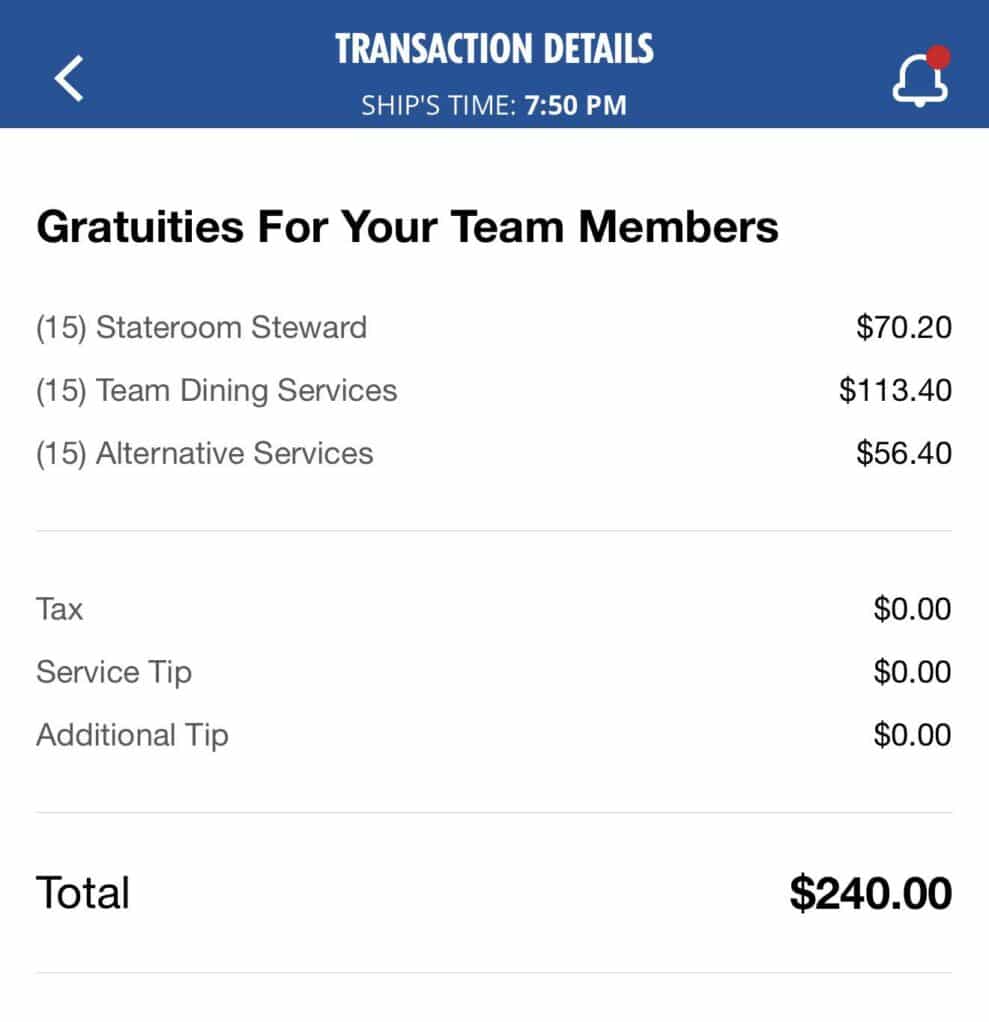 screenshot of itemised carnival gratuities bill