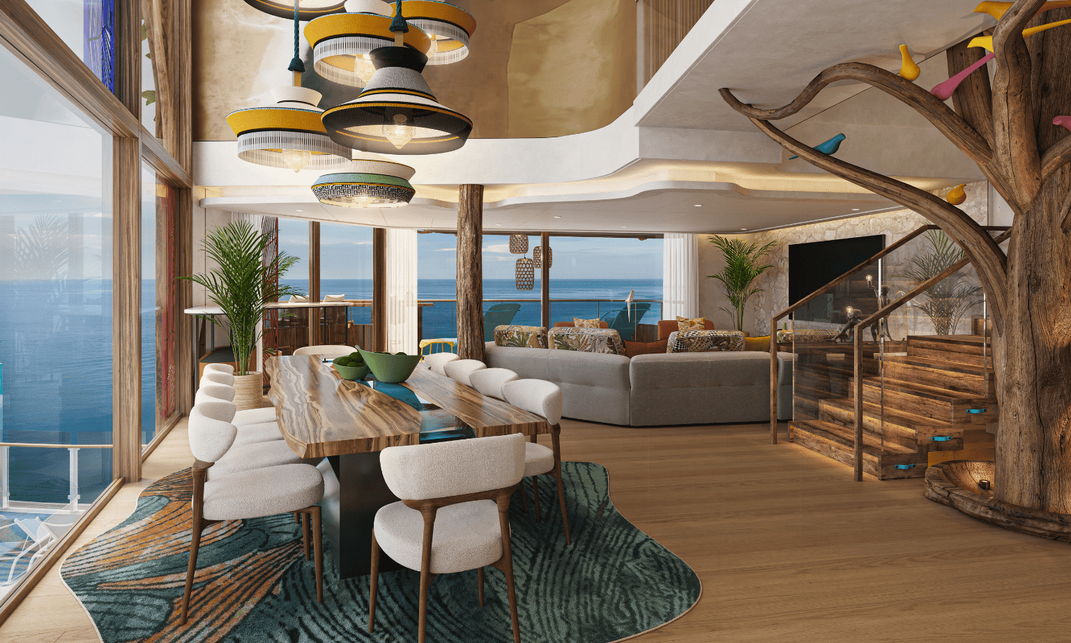 A dining table and living room in a suite on a cruise ship