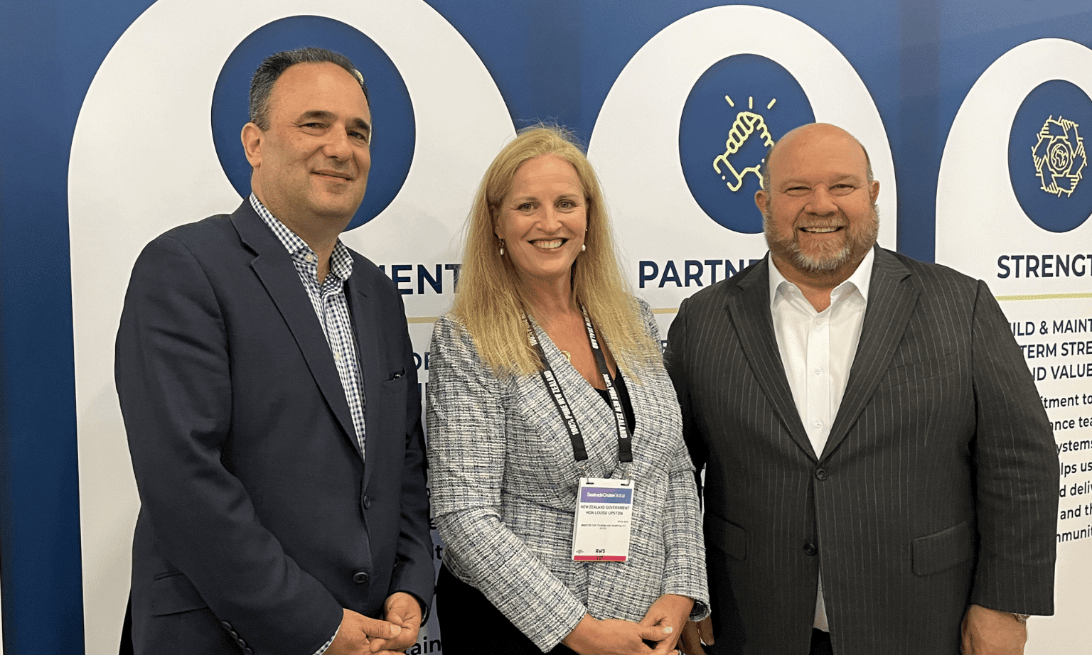 CLIA Executive Director in Australasia Joel Katz (left) and New Zealand Minister for Tourism and Hospitality Louise Upston meeting with CLIA President & CEO Bud Darr in Miami.
