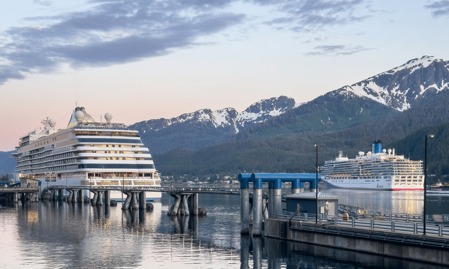 Two cruise ships dock in Juneau, Alaska