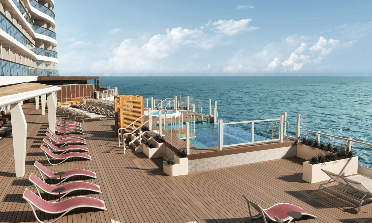 a rendering of a deck on a cruise ship with a hot tub and deck chairs