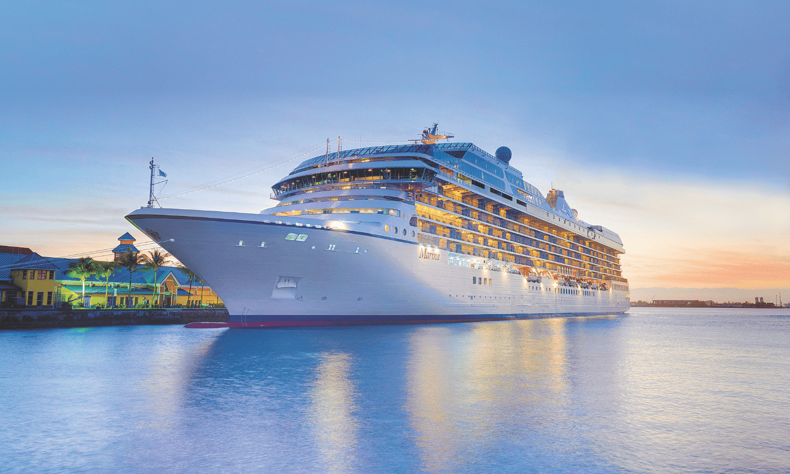 Oceania Marina in port in Nassau at sunset