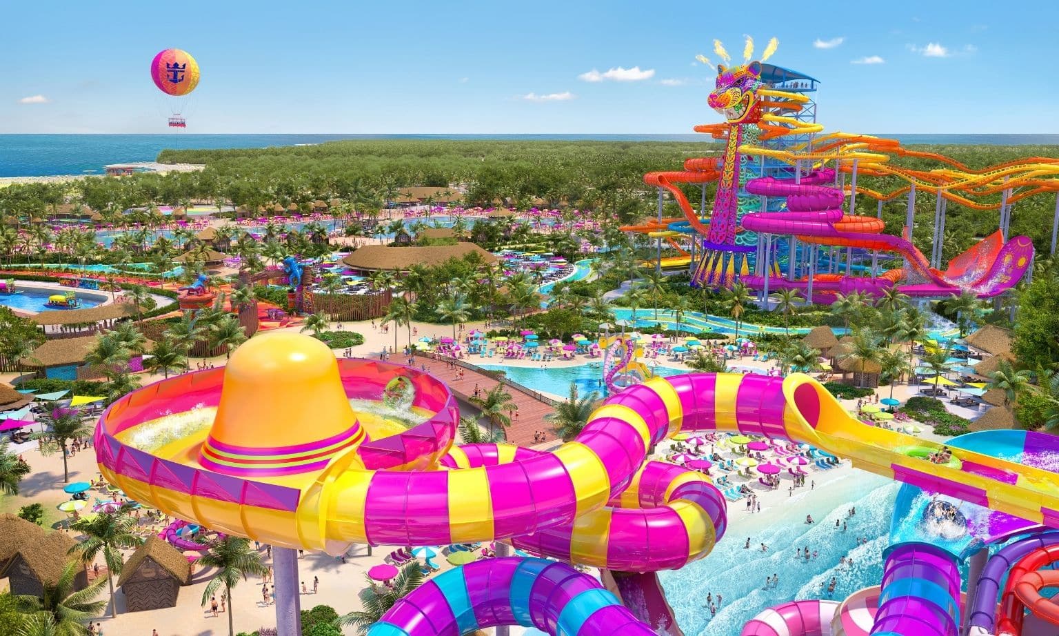 an artists rendering of the planned Perfect Day Mexico featuring numerious brightly coloured waterslides and pools
