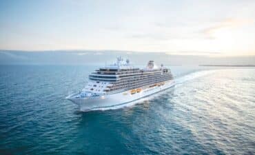 A large cruise ship on the open ocean