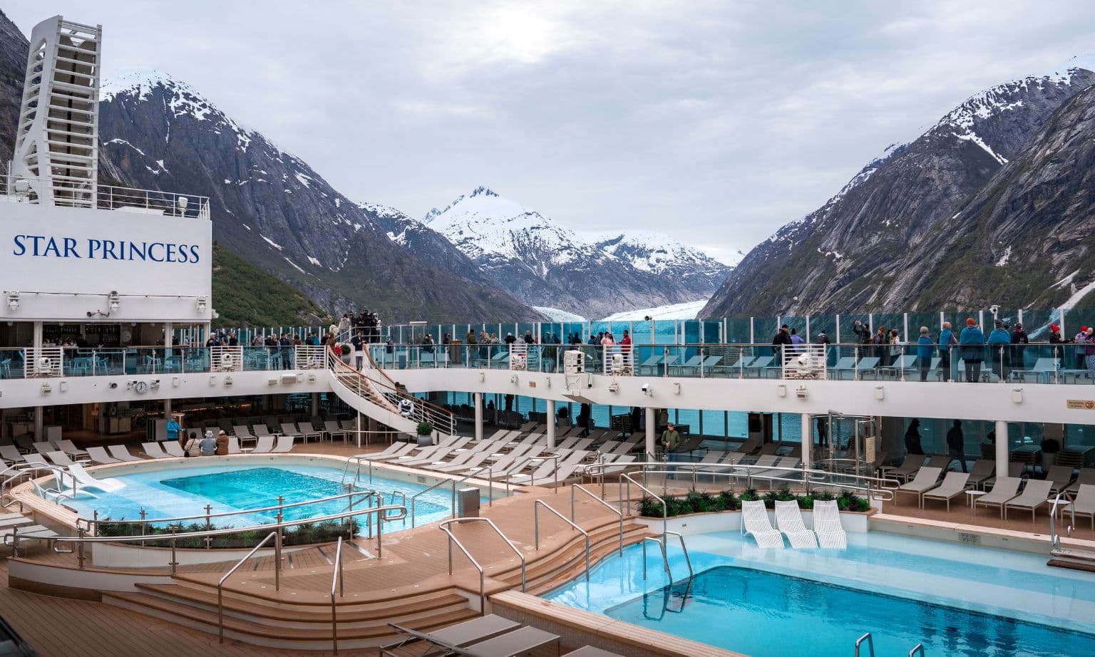 star princess cruise deck with alaska mountains