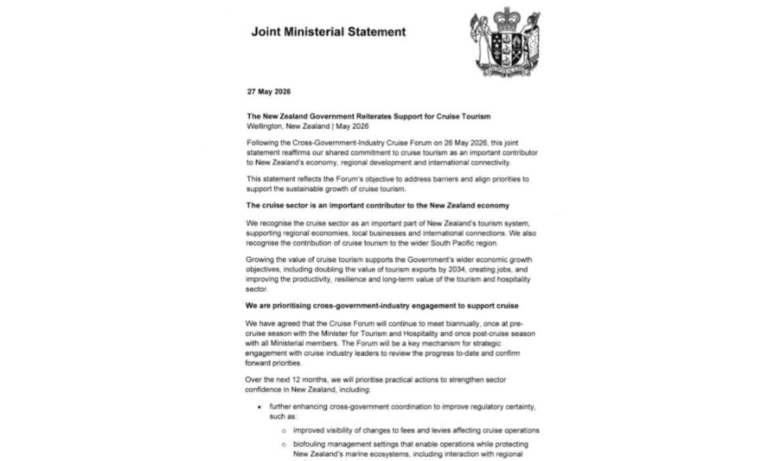 New Zealand ministers statement