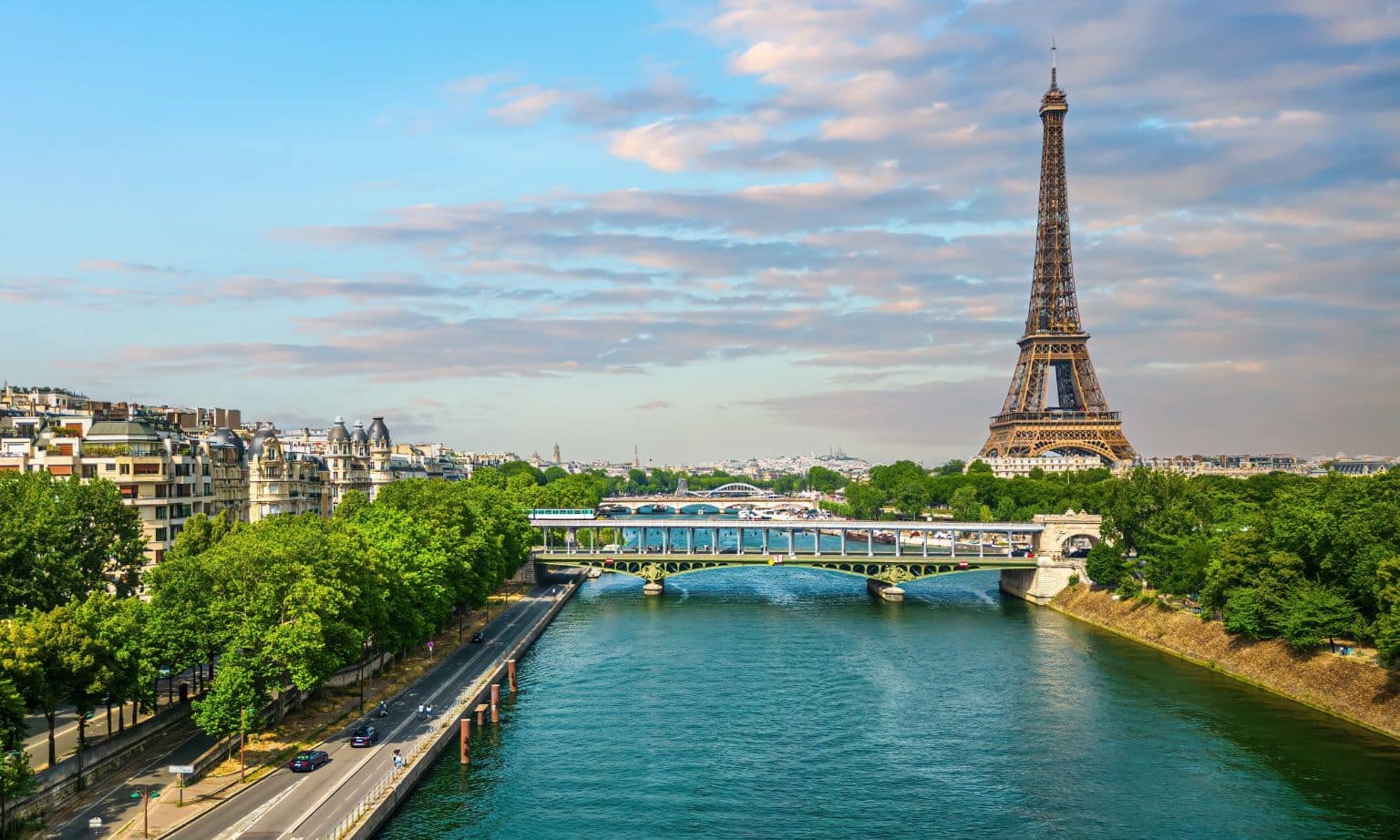 Paris aerial panorama with river Seine and Eiffel tower, France